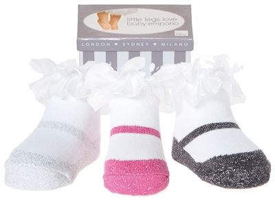 美國 Baby Emporio 造型棉襪 金蔥瑪莉珍 嬰兒襪 襪子 0-9M 3件組 (禮盒)