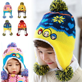 WallFree窩自在秋冬保暖雪花大頭娃娃造型拚色毛球兒童毛絨帽