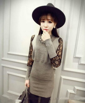 한국 시리즈秋裝灰色網紗袖拼接새로운韓味련옷裙十天預購+現貨