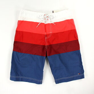 美國百分百【Tommy Hilfiger】海灘褲 TH 男 短褲 泳褲 沙灘褲 衝浪褲 條紋 白色 深藍 紅色 S號 F193