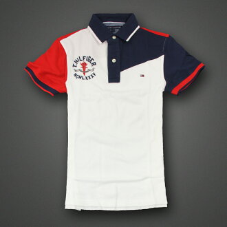 美國百分百【Tommy Hilfiger】Polo衫 TH 短袖 上衣 MCMLXXXV 白 深藍 紅色 XS F276