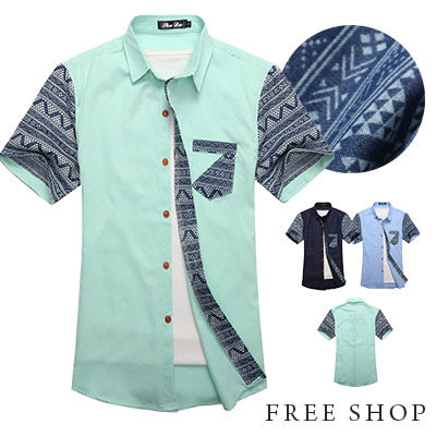 Free Shop【QR20276】韓版民族風拼布圖騰設計西海岸潮流工作襯衫短袖襯衫‧三色