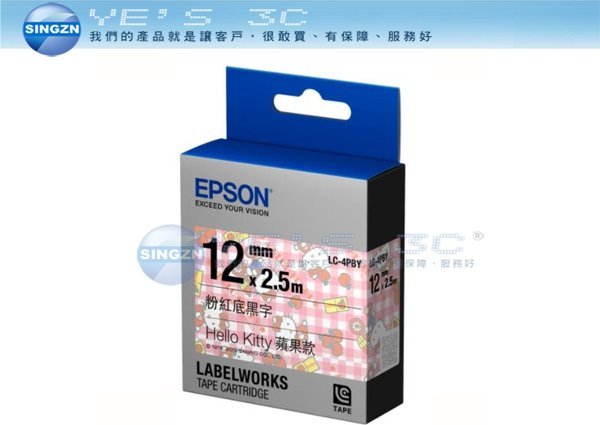 「YEs 3C」全新 EPSON 愛普生 LC-4PBY 標籤帶 Kitty版 蘋果款粉紅底黑字 C53S625060