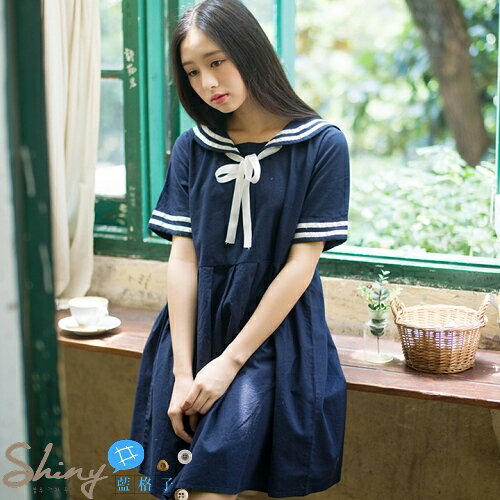 【DJ1579】shiny藍格子-日系森女系學院風寬鬆連身裙