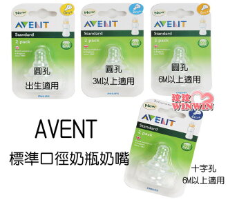 AVENT 標準口徑防脹氣奶嘴 (2入裝)「S、M、L 圓孔」及「L號十字孔」共4段可選擇