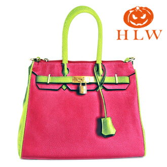 【HLW NY Print Bag 轉印包】設計鉑金系列 S型 桃紅綠拚色 側(肩)背包 HLW轉印包 綵情時尚精品