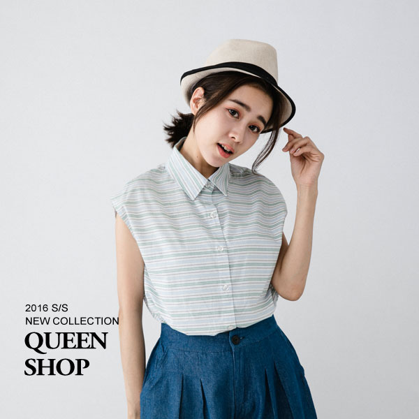 Ｑｕｅｅｎ Ｓｈｏｐ【01022196】配色條紋無袖襯衫＊現貨+預購＊