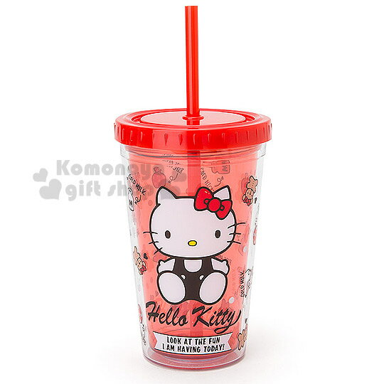 〔小禮堂〕Hello Kitty 雙層塑膠杯《透明.紅.坐姿.小熊.蘋果.牛奶.300ml》附蓋.吸管