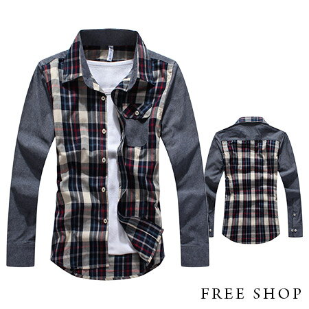 Free Shop【QH1305-6】日韓風格經典三角領胸前掀蓋口袋撞色格紋拼接長袖襯衫