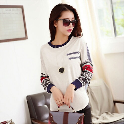 *ORead* 拼接寬鬆大碼顯瘦蝙蝠袖休閒百搭T恤 (淺灰色S~L)