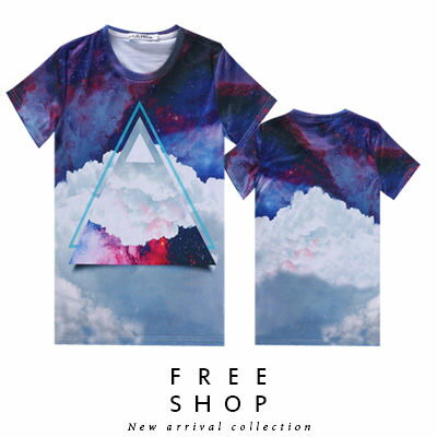 Free Shop【QFSLY2287】日韓美式潮流宇宙星空雲朵疊印三角滿版圓領棉質短T短袖上衣潮T