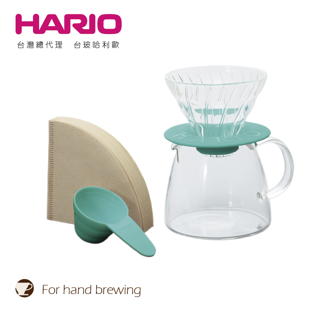 【HARIO】V60玻璃濾杯咖啡壺組藍綠色 / VGS-3512-TC