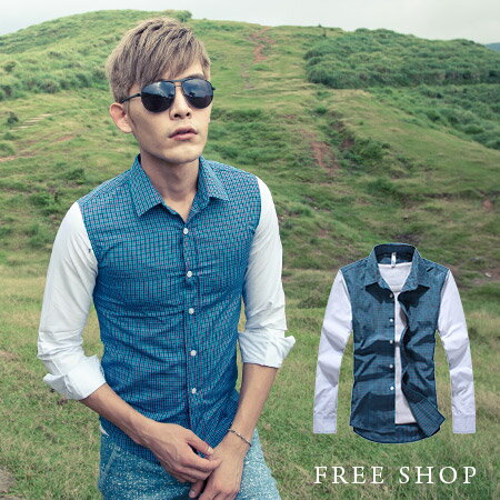 Free Shop【QH121331】日韓風格質感造型修身撞色經典三角領肩上拼接格紋長袖襯衫