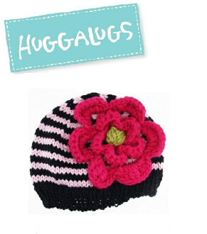 ★啦啦看世界★ Huggalugs 澳洲國民小童 / 巴黎條紋花朵毛帽 Pink and Navy Ziggy Beanie Hat