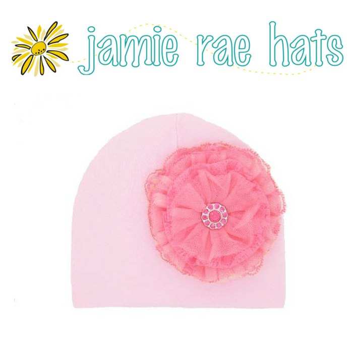 ★啦啦看世界★ Jamie Rae Hats 糖果蕾絲花粉紅棉帽 Pale Pink Cotton Hat with Candy Pink Lace Rose