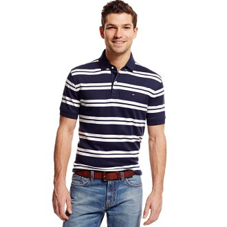 美國百分百【Tommy Hilfiger】Polo衫 TH 短袖 上衣 條紋 網眼 白色 深藍 S號 F269