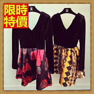 洋裝 禮服 連身裙-時尚V領金絲絨拼接連衣裙子3色65aa42【獨家進口】【米蘭精品】