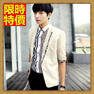 西裝外套 亞麻西裝-韓版時尚格紋七分袖薄款男西服2色68q39【獨家進口】【米蘭精品】