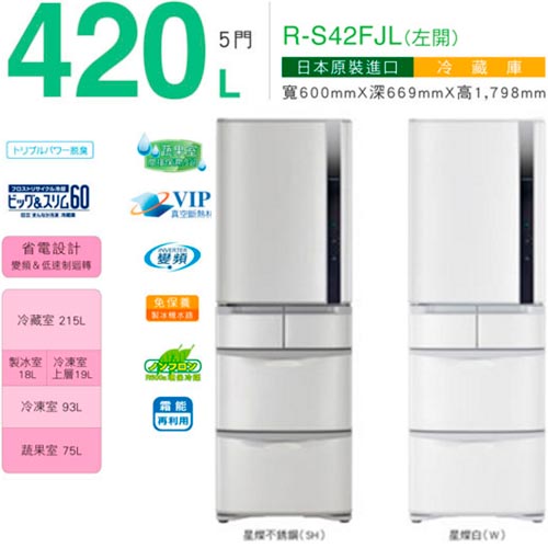 HITACHI 日立 電冰箱 RS42FJL星燦不銹鋼 左開 五門 1級省電 日本進口 420L