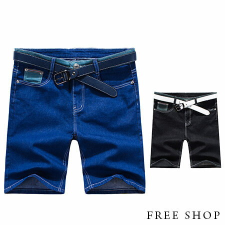 Free Shop【QSPN3710】日韓風格雙色腰間撞色口袋後側拼接皮標休閒短褲牛仔短褲‧二色