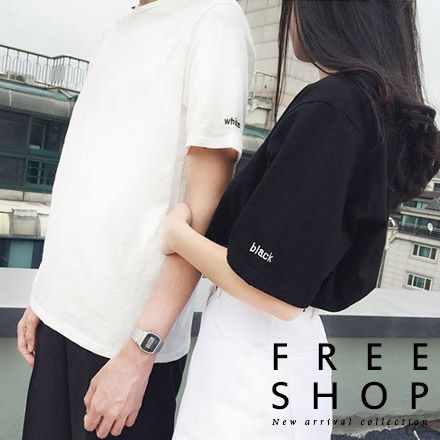 黑白短T Free Shop【QFSOH128】潮流素面側袖black white文字電繡圓領短T短袖上衣 2色 情侶款 有大尺碼