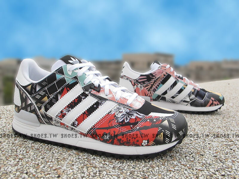 Shoestw【AQ3081】ADlDAS ZX ZX700 慢跑鞋 白黑紅 櫻花 押花 皮革 女生