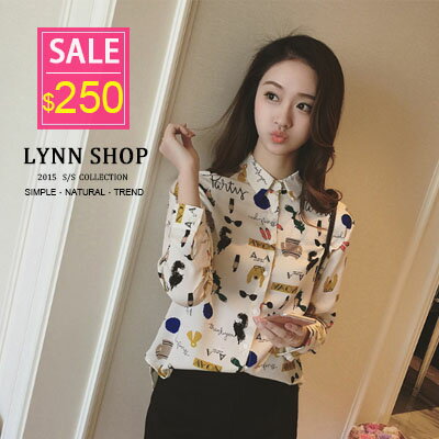 Lynn Shop 【1500088】長袖襯衫 滿版可愛印花長袖襯衫 2色 預購