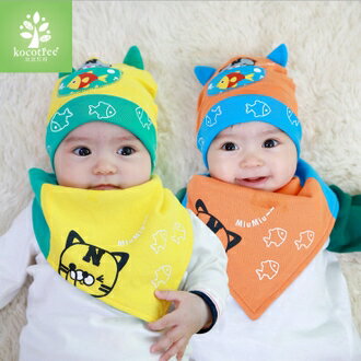 WallFree窩自在秋冬可愛超萌貓咪魚兒立體貓耳朵舒棉拼色套頭帽+三角口水巾*套組*