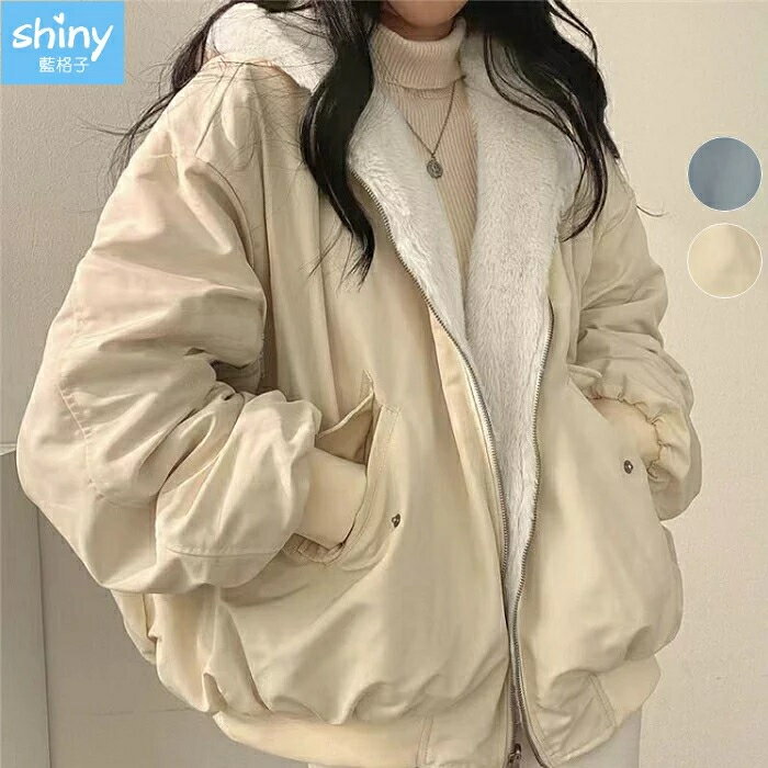 冬日輕閒．素色絨毛加厚兩面穿拉鍊連帽外套-shiny藍格子【V3908】