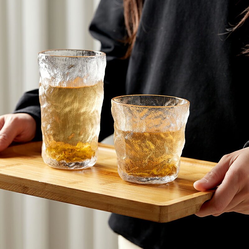 冰川紋玻璃杯水杯透明家用商用樹皮紋飲料杯磨砂感夏天男女辦公室