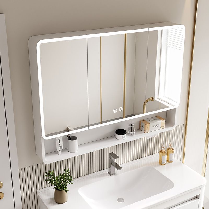智能浴室鏡櫃 太空鋁圓弧浴室鏡櫃帶美妝儲物收納一體鏡箱衛生間智能燈光除霧鏡