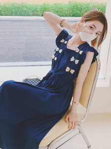 藏青色小飛袖連身裙女夏季寬松氣質高級感荷葉邊長裙