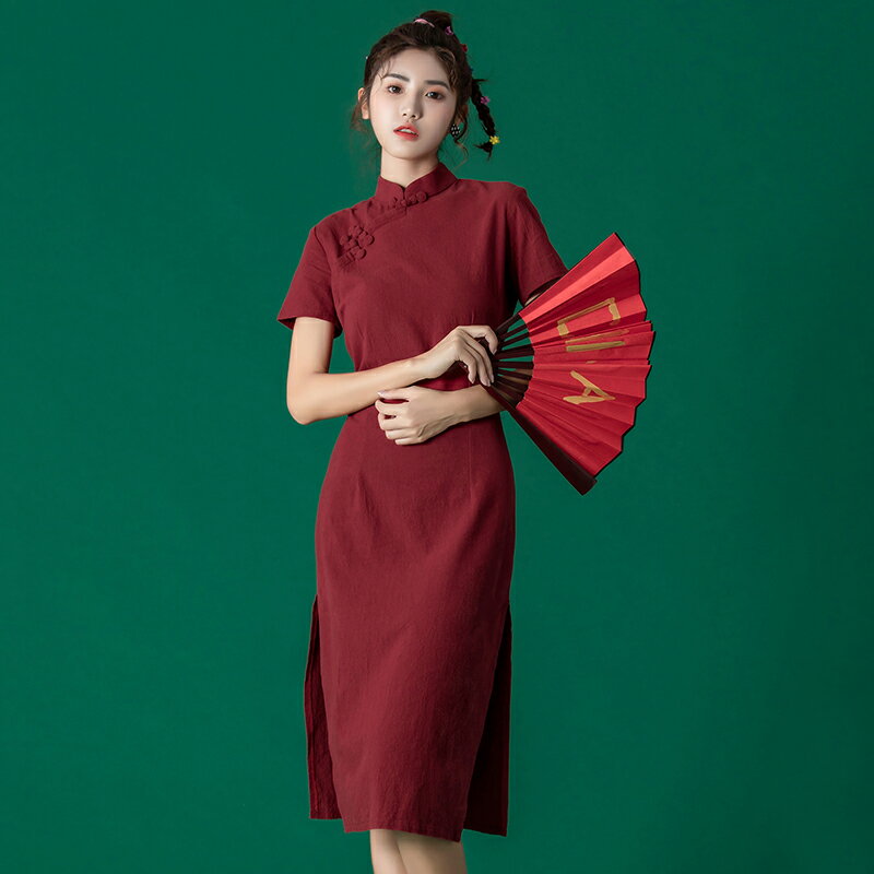 少女日常改良旗袍年輕款中國風復古連衣裙紅色修身年新款夏裝