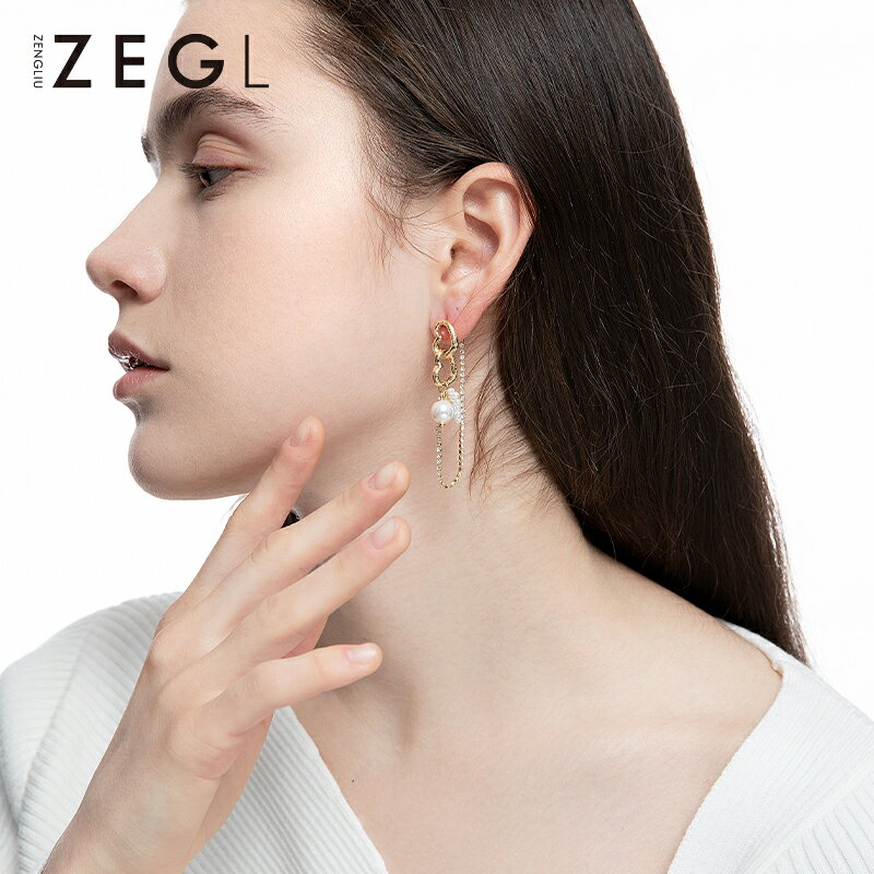ZEGL鏤空愛心耳釘女氣質仿珍珠流蘇耳環2021年新款潮925銀針耳飾