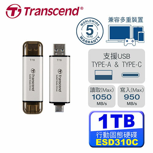 我是SSD 不是隨身碟 Transcend 創見 ESD310S(銀) 1TB 外接式 固態硬碟原價3199(省300)