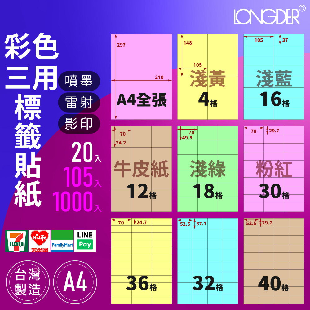 下單備註顏色【A4彩色三用20入】龍德自黏標籤貼紙 粉紅 藍 綠 黃 牛皮紙 噴墨雷射影印 三用標籤 電腦標籤 臺灣製
