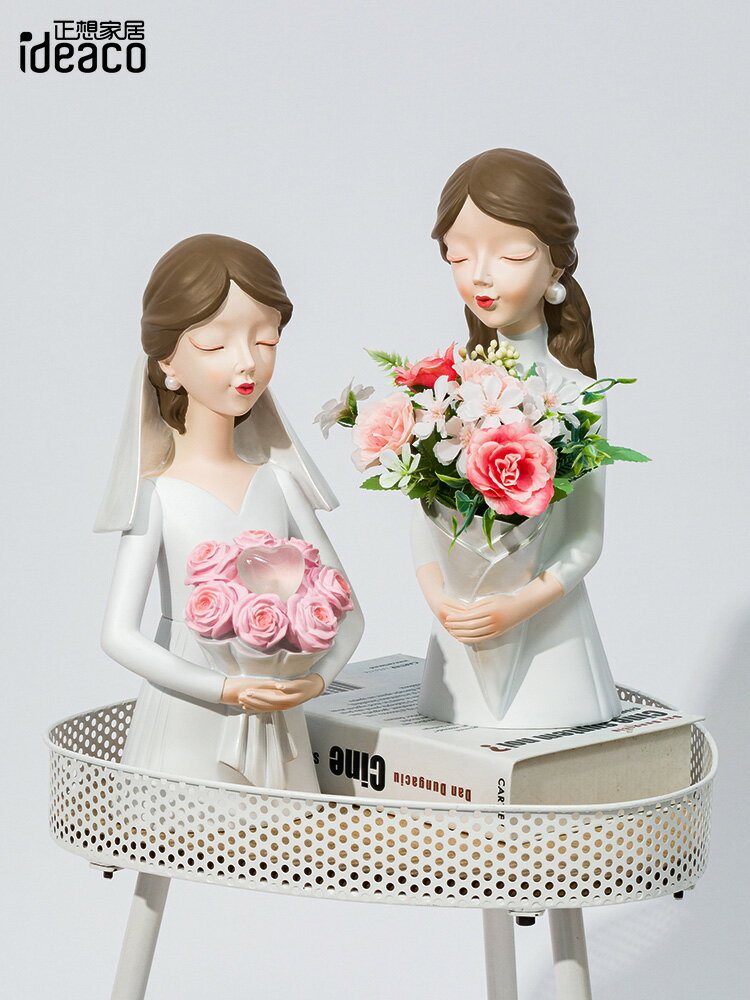 恩愛伴侶新娘捧花擺件 創意新婚慶情侶娃娃送新人實用婚房裝飾品