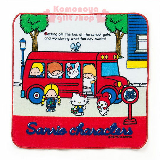 <br/><br/>  〔小禮堂〕Sanrio大集合 圓角小方巾《紅.公車.25x25cm》Sanrio70年代人物系列<br/><br/>