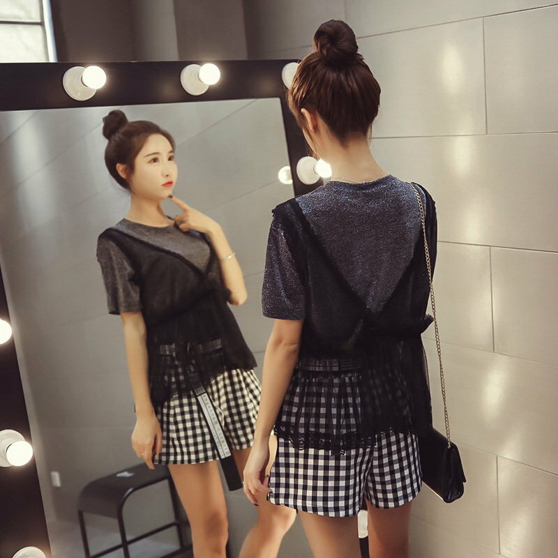 FINDSENSE G5 韓國時尚 純色 T恤 套裝 圓領 短袖 網紗 亮絲 背心 兩件套 上衣