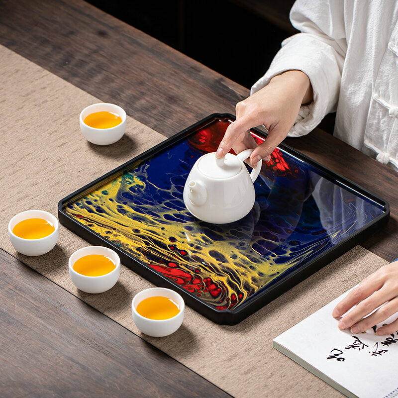 晟窯小型烏金石茶盤家用復古大漆干泡托盤現代高檔功夫茶具泡茶臺