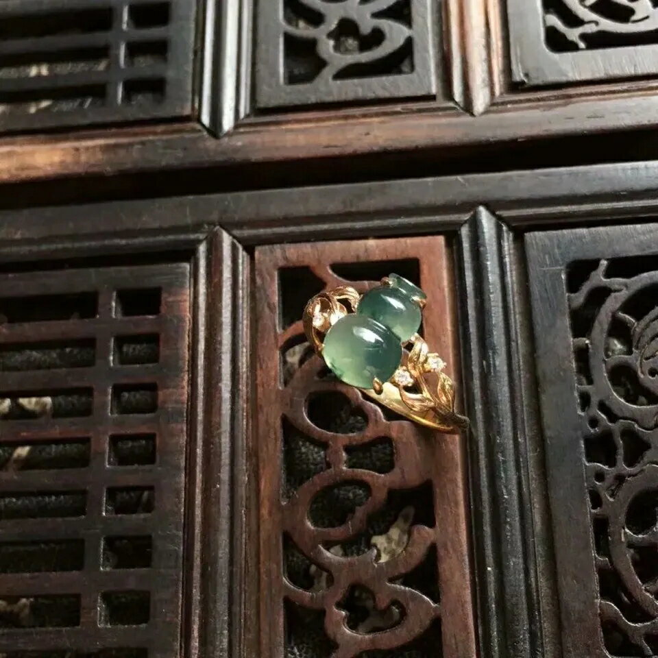 『飄花葫蘆』高冰玉髓s925純銀鑲嵌葉子金色開口精緻別致款戒指女