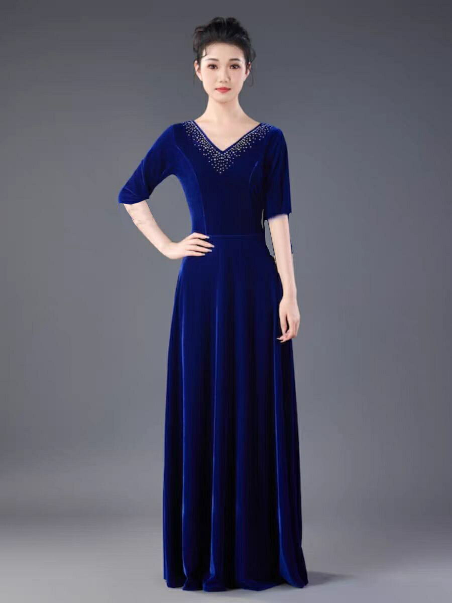 晚禮服連身裙 大合唱演出服女長裙2024新款主持人氣質宴會簡單大氣年會比賽朗誦