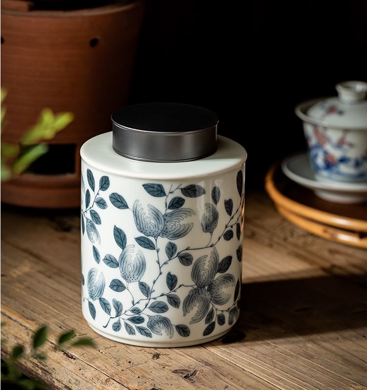中式復古青花佛手茶葉罐陶瓷密封罐中式儲存罐家用精品高檔錫蓋儲茶罐