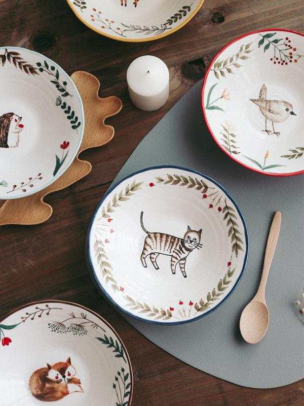 日式可愛手繪動物陶瓷面碗創意卡通家用湯碗燴面拉面沙拉碗