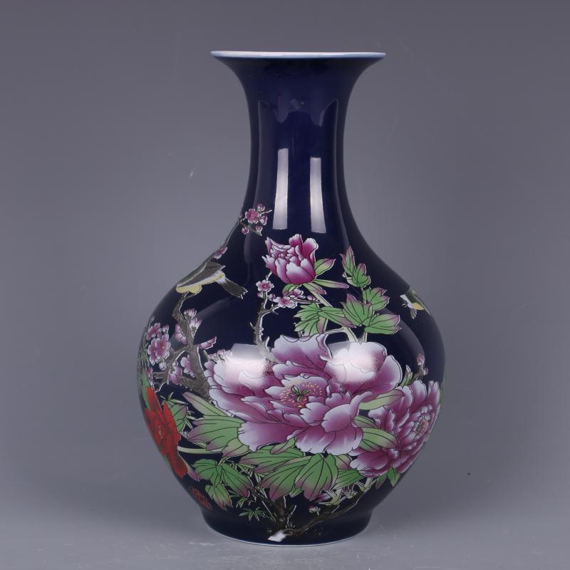清乾隆藍地粉彩牡丹花鳥玉壺春瓶仿古中式家居瓷器擺件古董古玩1入