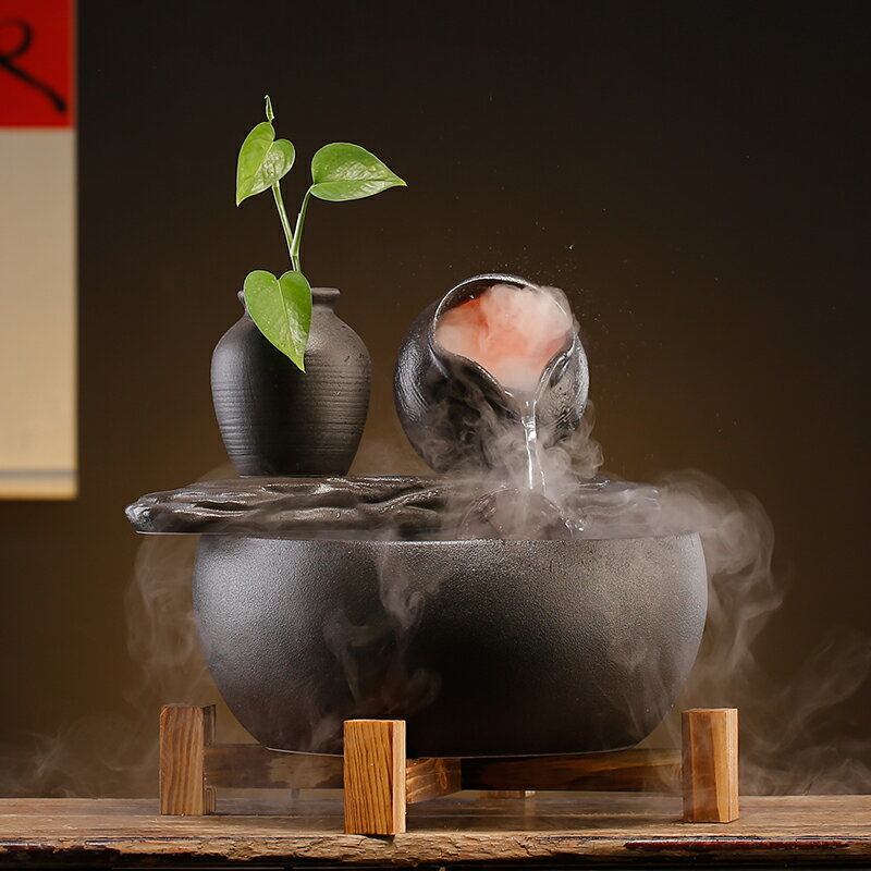 創意陶瓷小型招財霧化加濕循環流水擺件現代簡約家居茶幾桌面裝飾