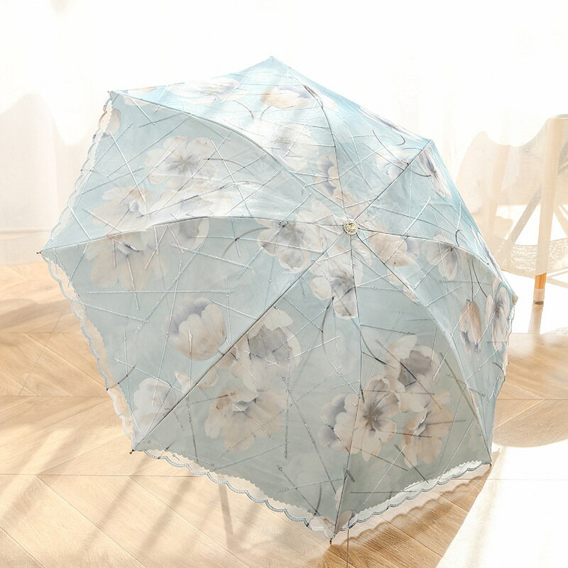 雙層蕾絲繡花折疊傘防曬雨傘防紫外線刺繡太陽傘女晴雨兩用遮陽傘