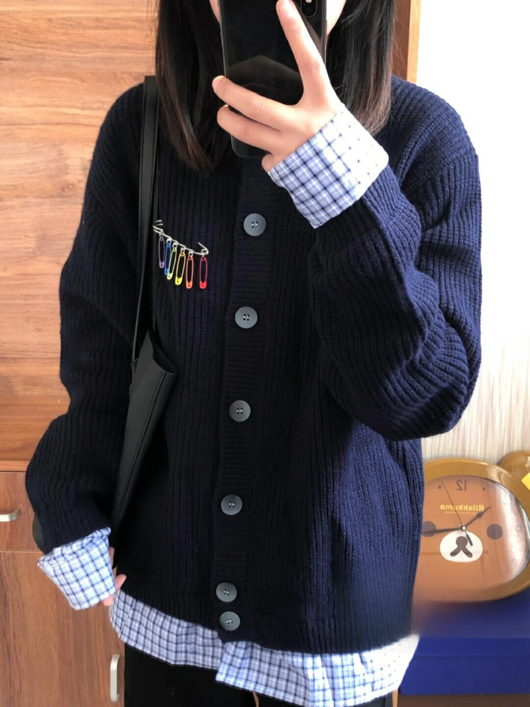 設計感格子拼接慵懶風復古別針假兩件針織衫外套女秋冬毛衣開衫潮【雲木雜貨】