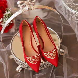 紅色中式婚鞋女新娘鞋刺繡細跟高跟鞋【木屋雜貨】