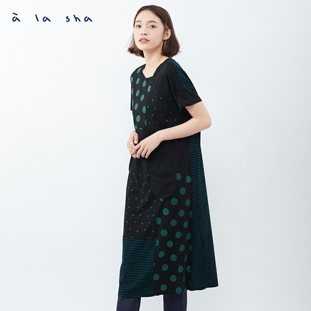 a la sha 大點小點條紋拼接長洋裝 1